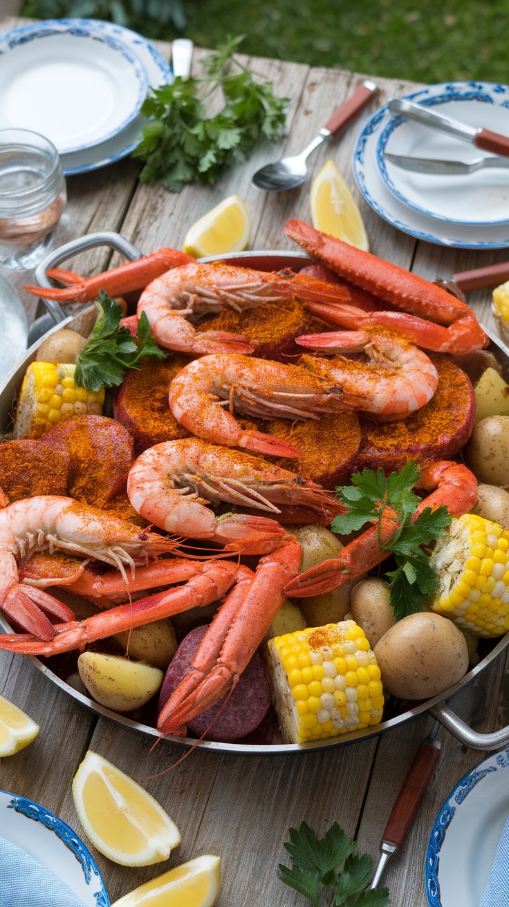 A tantalizing seafood boil with shrimp, crab legs, corn, and sausage on a rustic table.